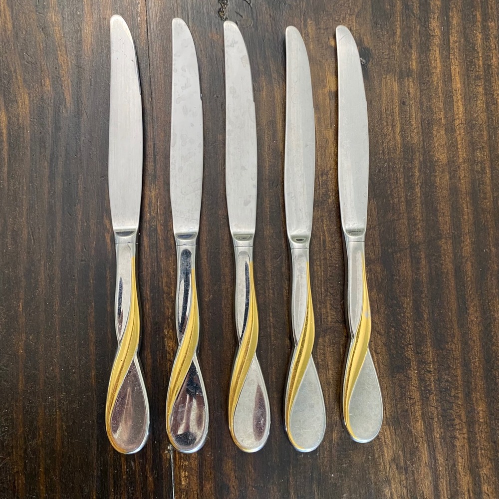 Oneida Gold Aquarius 5 Piece Stainless Steel Dinner Knives Swirl T Flatware 9"